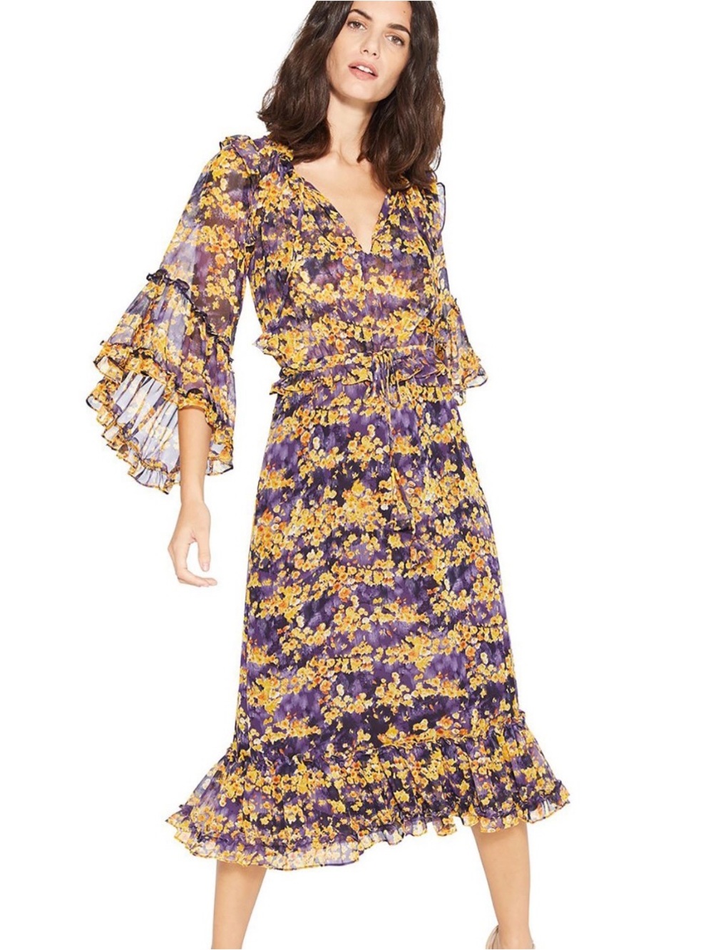 MISA LOS ANGELES • Yanira Midi purple & Yellow Floral Ruffle Dress Size XS